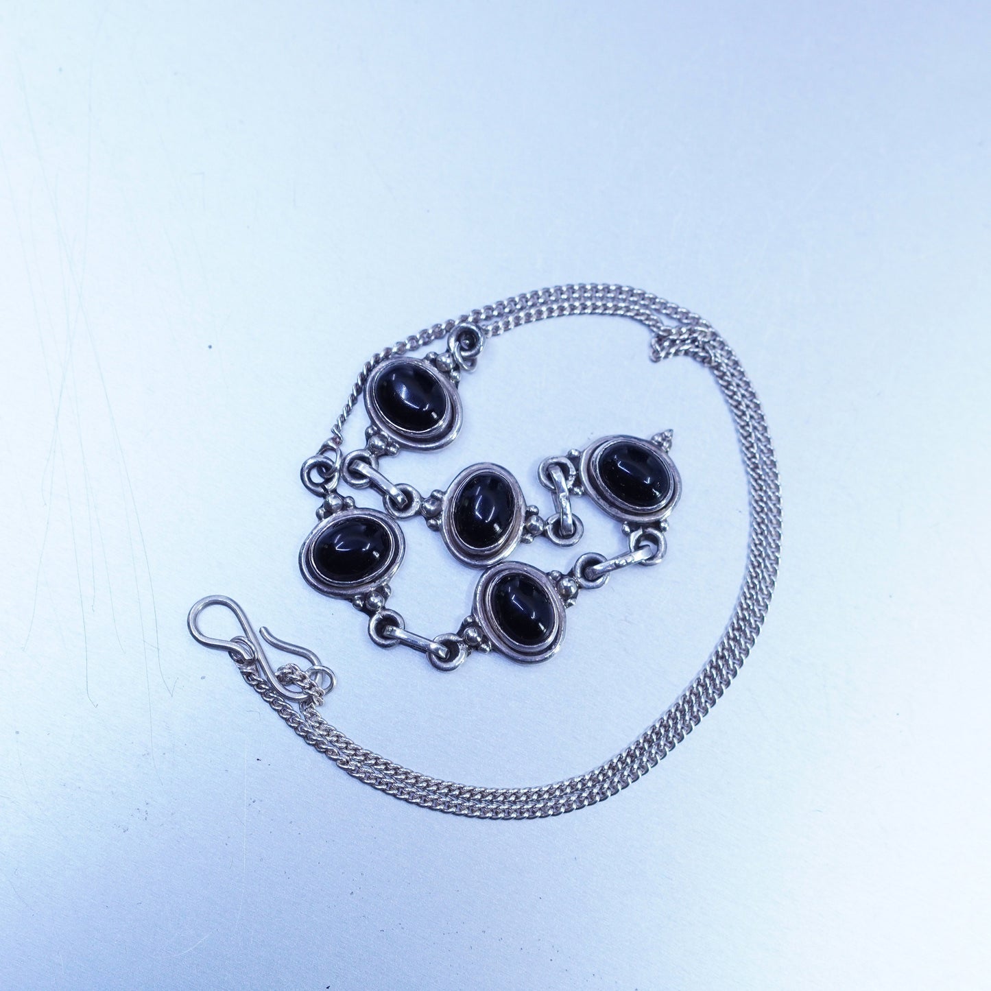 18”, vintage Sterling 925 silver handmade curb chain necklace with onyx pendant