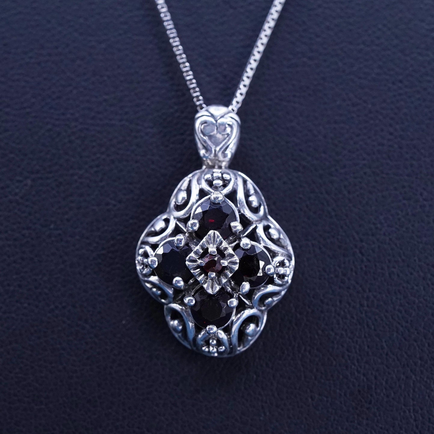 18", Sterling silver handmade necklace, 925 box chain filigree garnet pendant