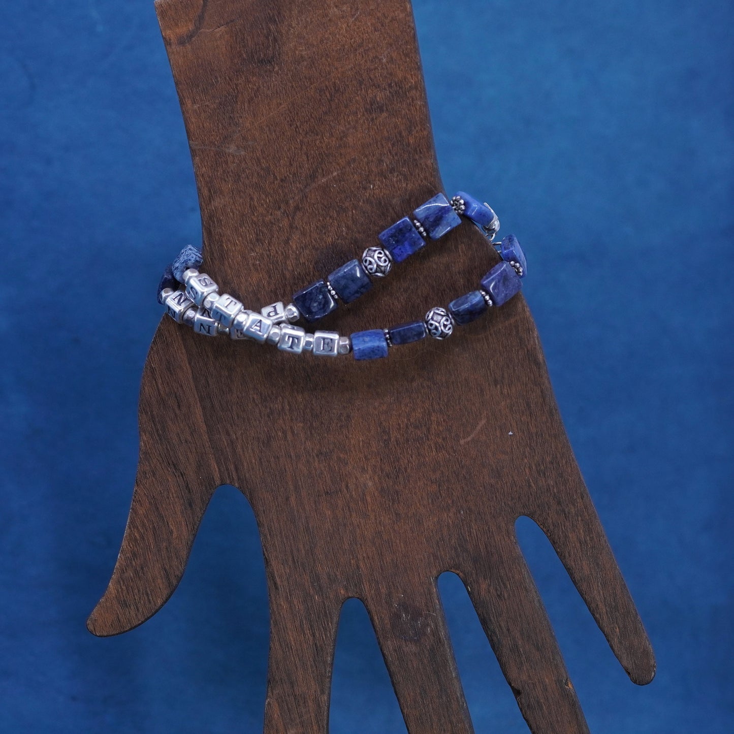 6.75”, Sterling silver handmade name “state penn” cube bracelet sodalite beads