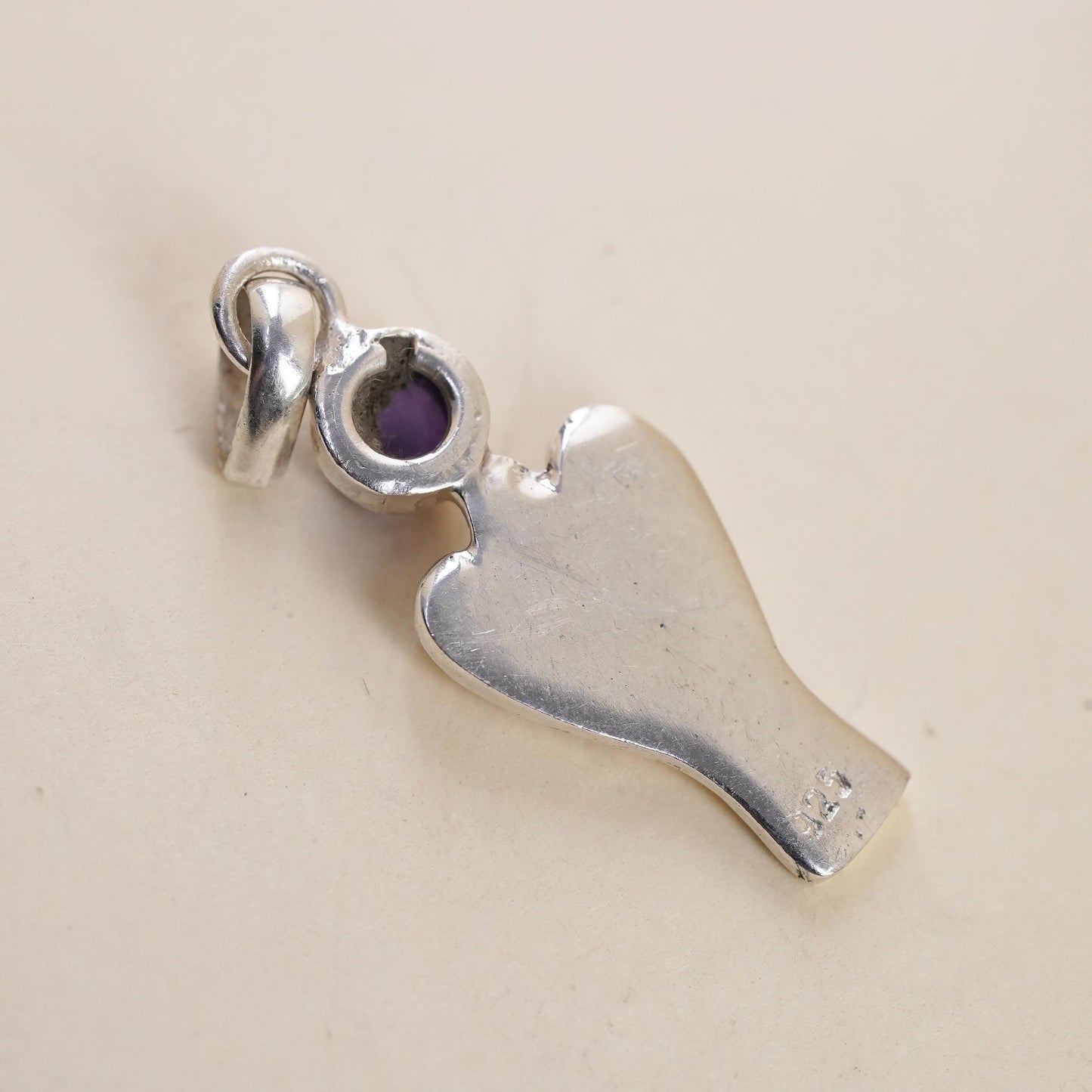 Vintage Sterling silver handmade angel pendant, 925 charm with amethyst