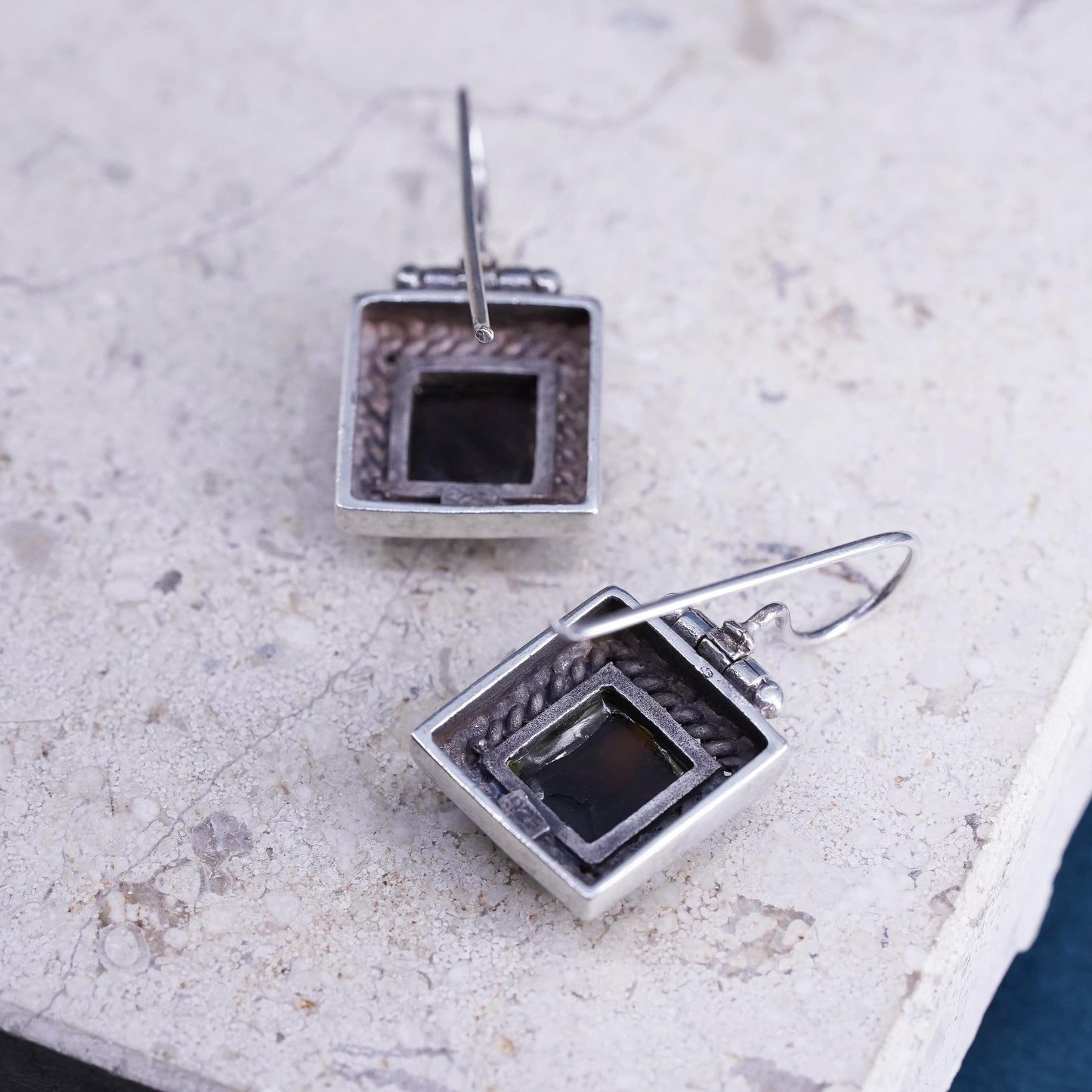 Vintage sterling 925 silver handmade square earrings with amber inlay