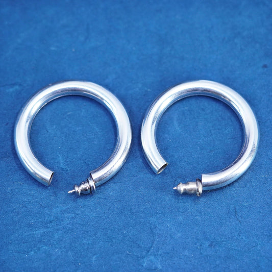 1.25”, vintage Mexico Sterling silver handmade textured 925 hoops, bold huggie