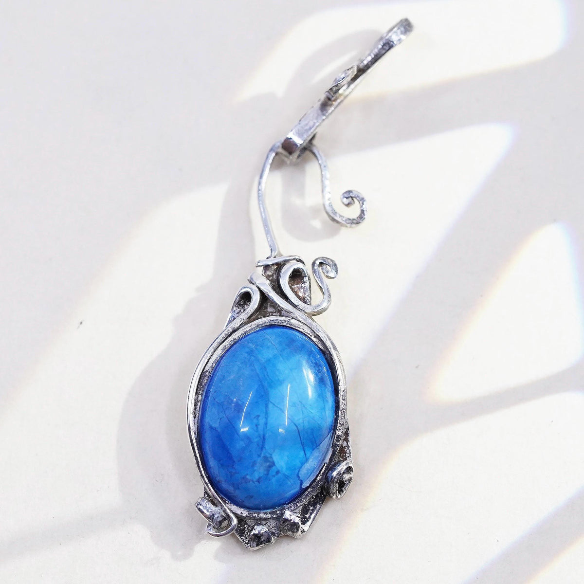 925 Sterling Silver Pendant, Artisan Scroll Charm, Oval Blue Cabochon Jewelry