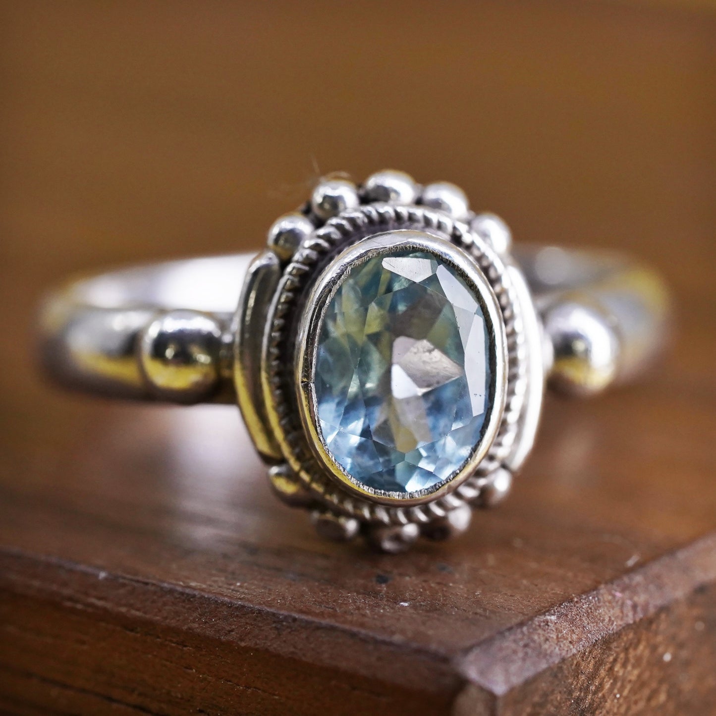 Size 7, vintage Sterling 925 silver handmade beaded ring with blue topaz