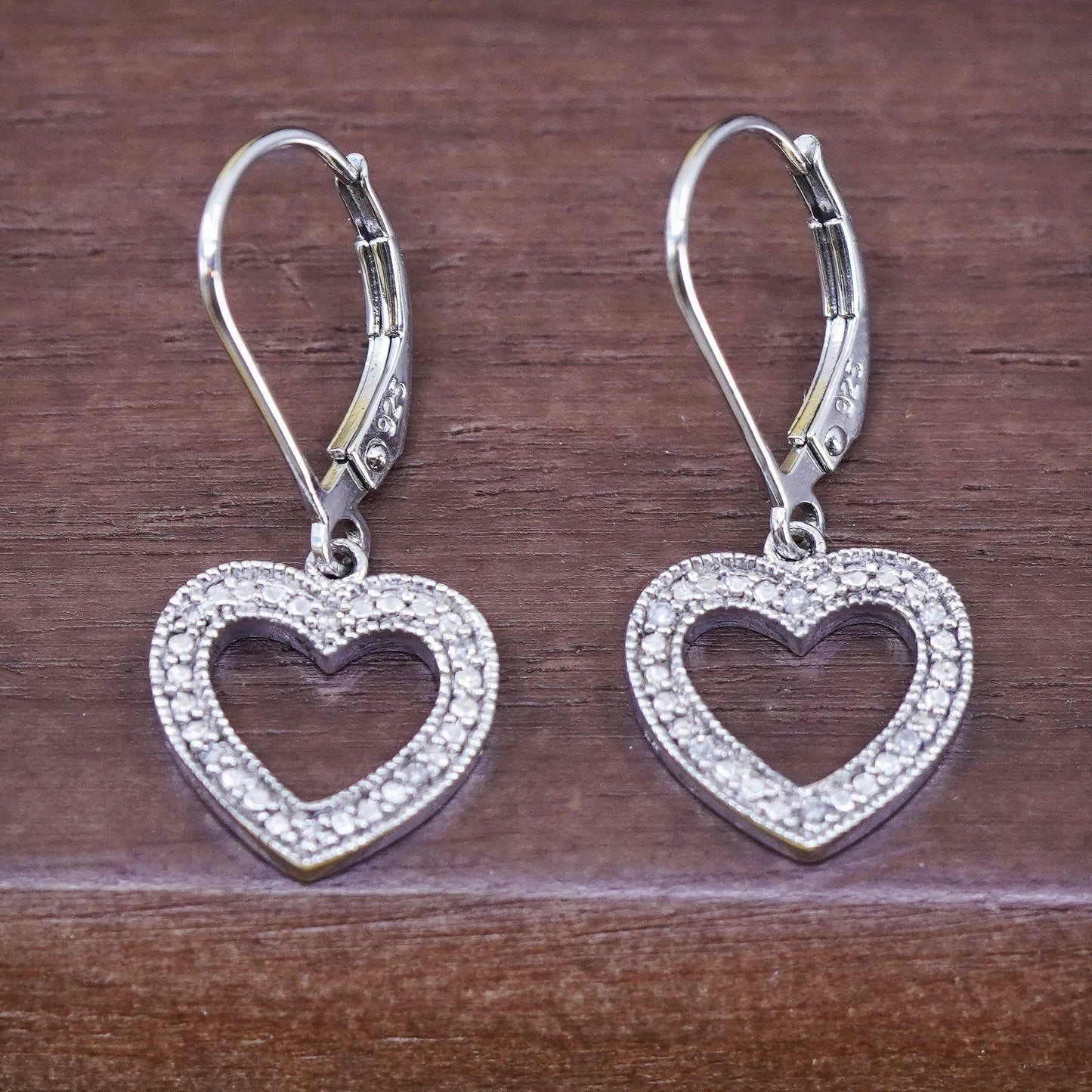 Vintage Sterling 925 silver handmade heart earrings with cluster diamond