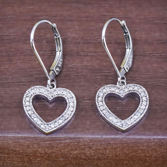 Vintage Sterling 925 silver handmade heart earrings with cluster diamond