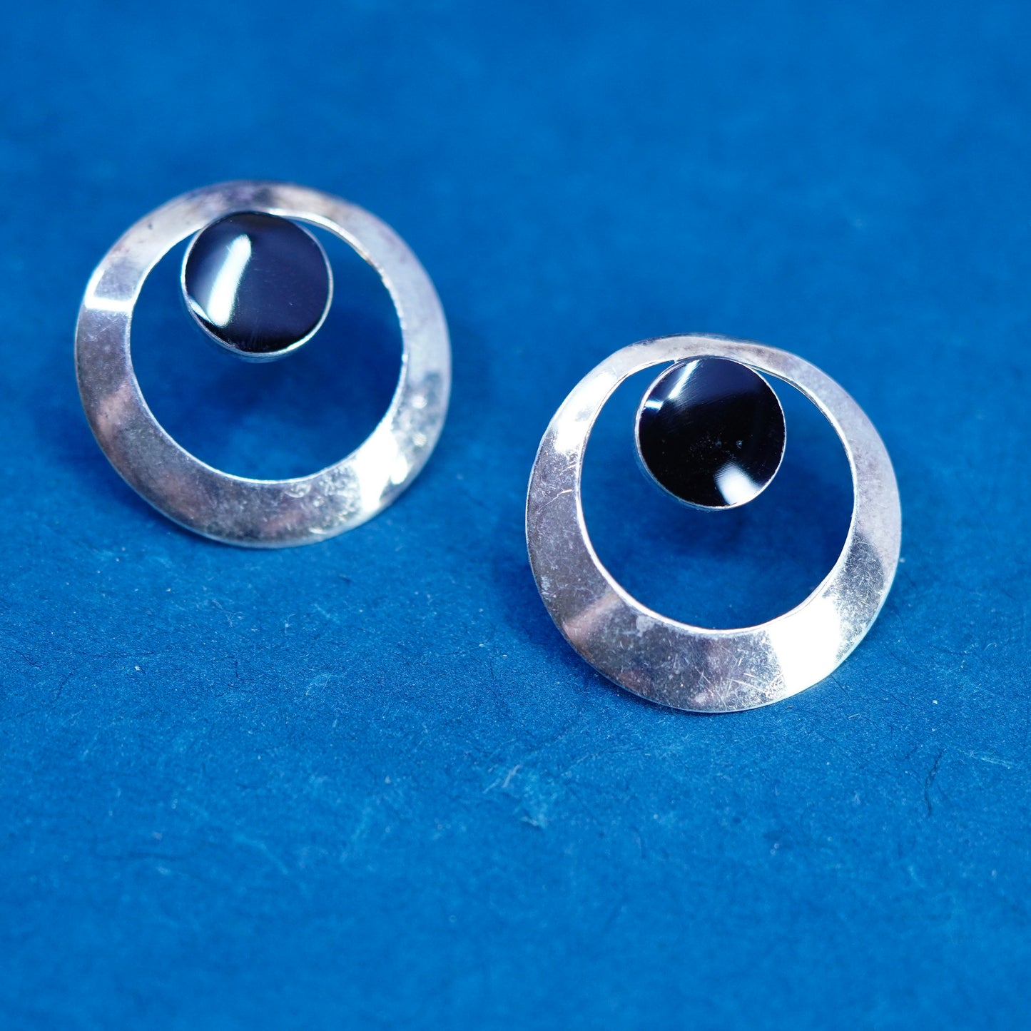 vintage Sterling silver handmade circle earrings, 925 huggie studs with onyx inlay