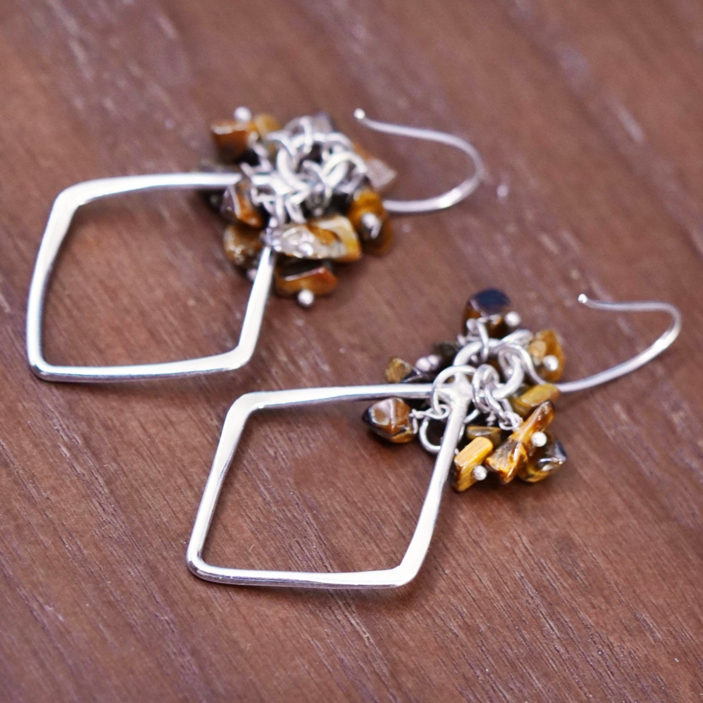 Sterling silver earrings, 925 diamond drops cluster golden tiger eye beads