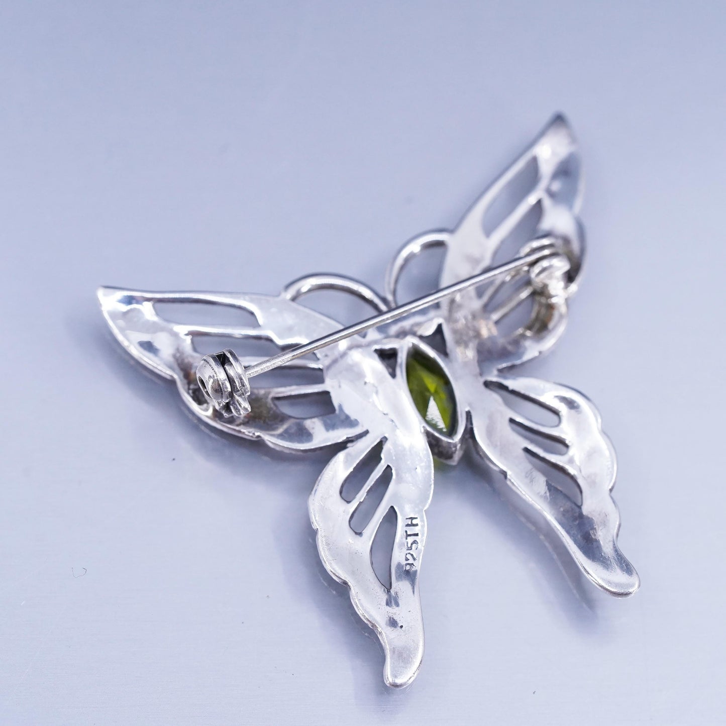 sterling silver brooch, 925 butterfly pin with peridot garnet and Marcasite