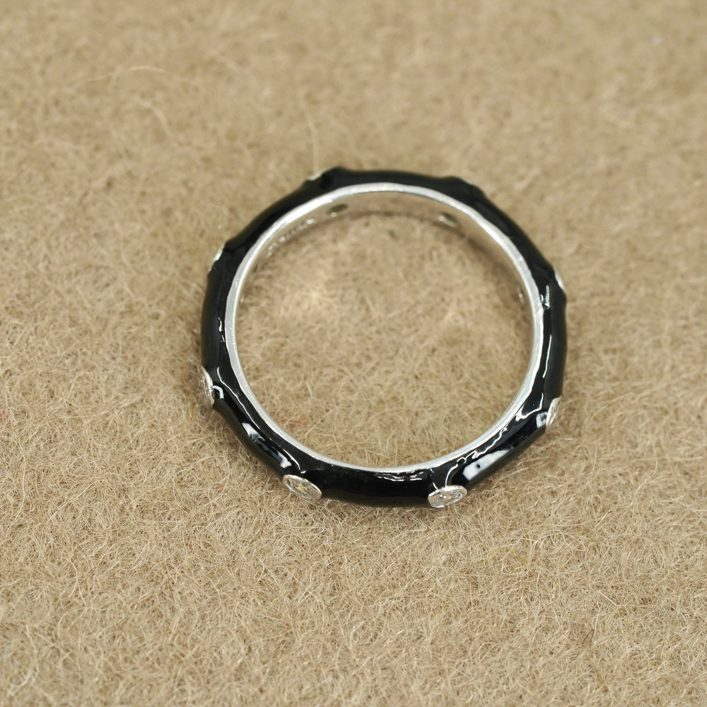 Size 7.25, vintage Sterling 925 silver handmade ring, black enamel band with cz