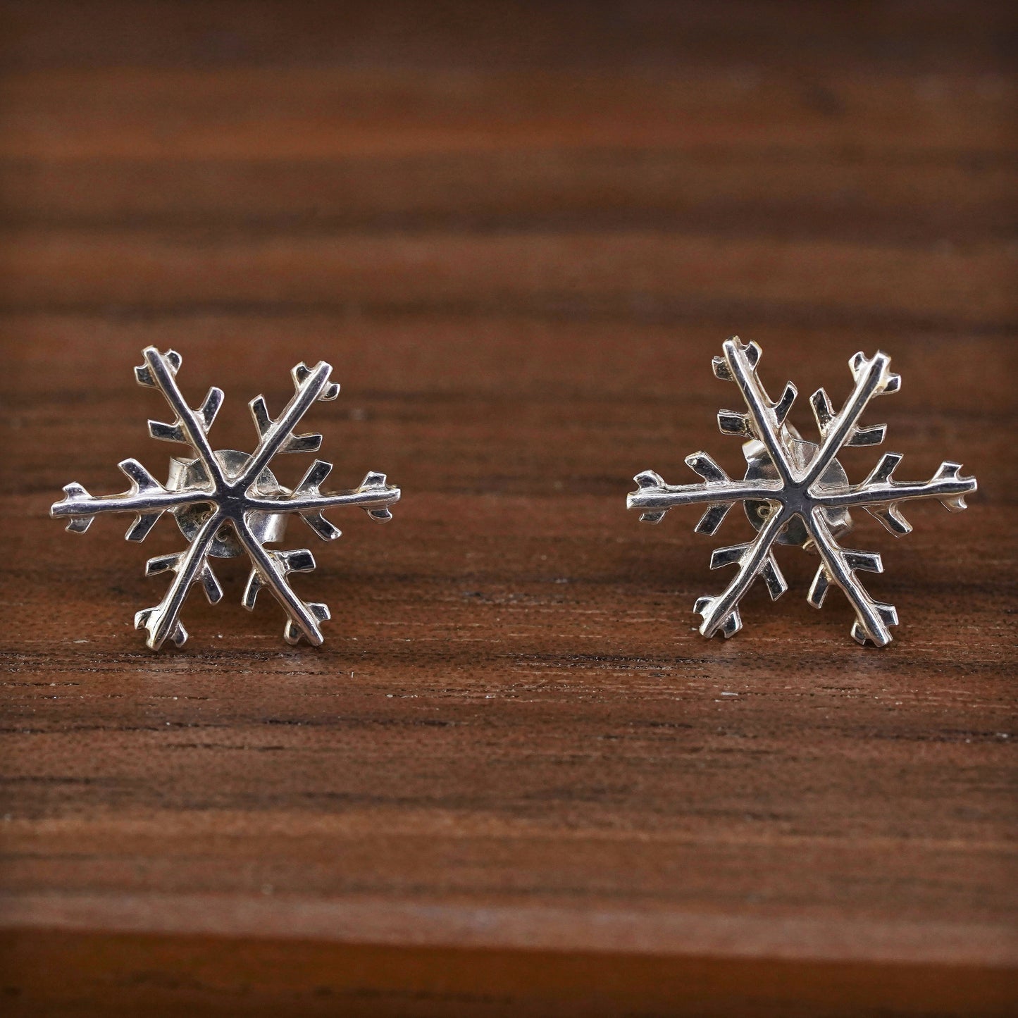 Vintage Sterling silver handmade earrings, 925 snowflake studs with cz