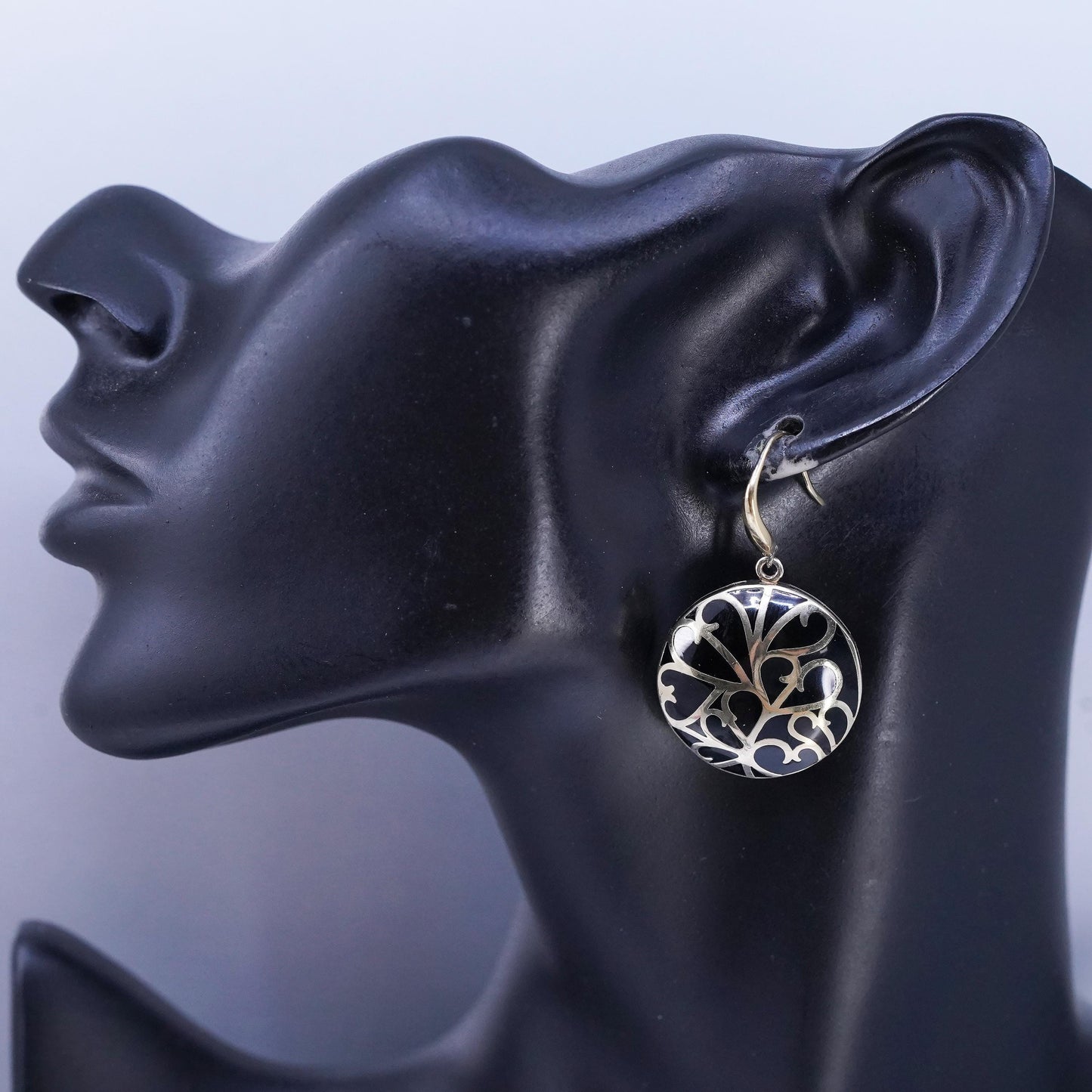 Vintage gold plated Sterling 925 silver circle spiral earrings black enamel