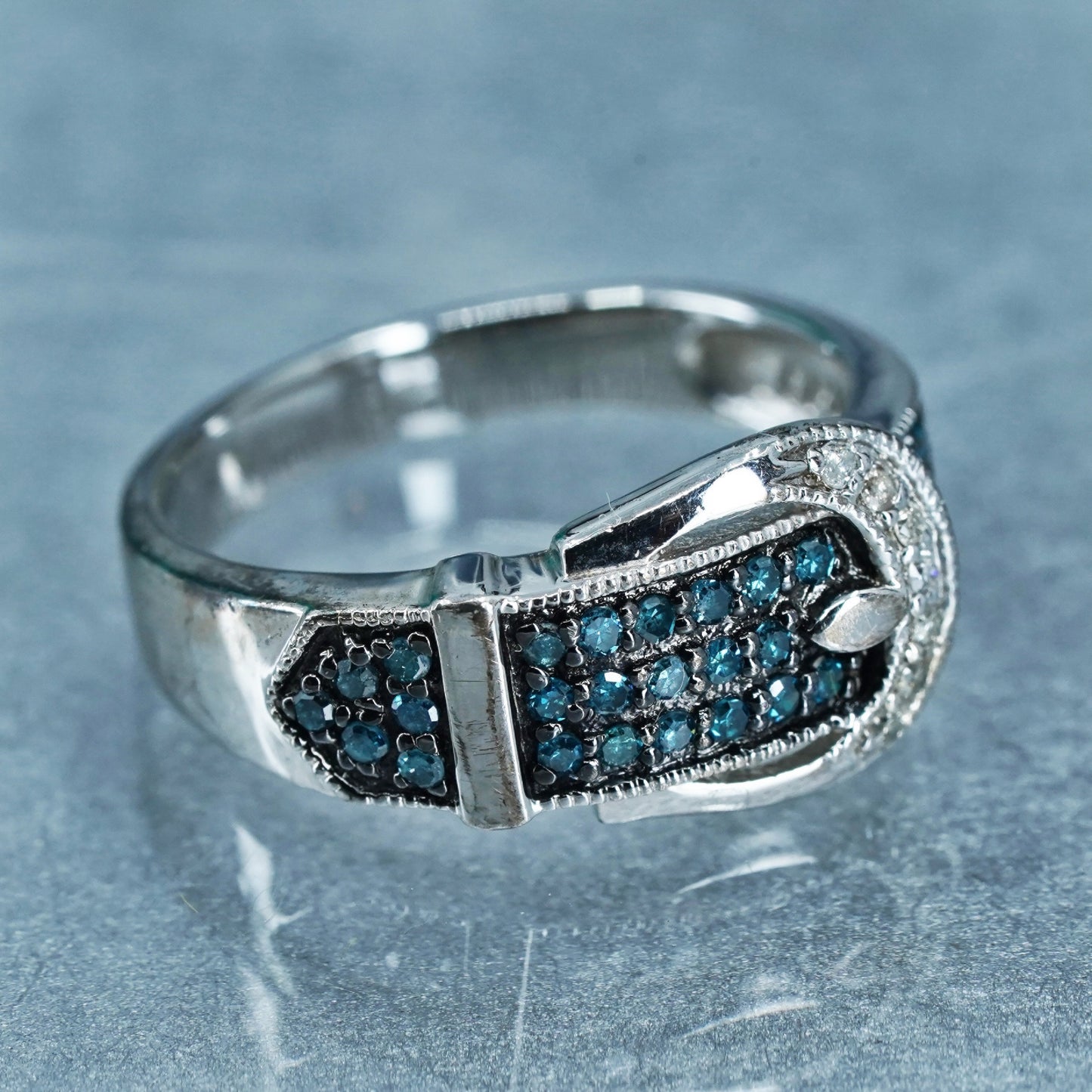 Size 7, Sterling 925 silver belt ring with cluster genuine sapphire and diamond