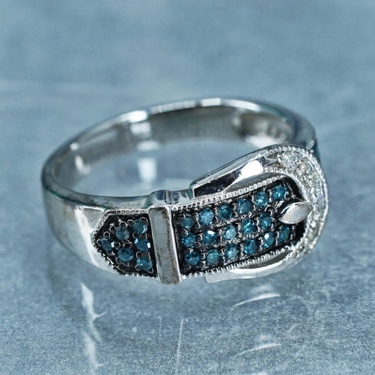 Size 7, Sterling 925 silver belt ring with cluster genuine sapphire and diamond