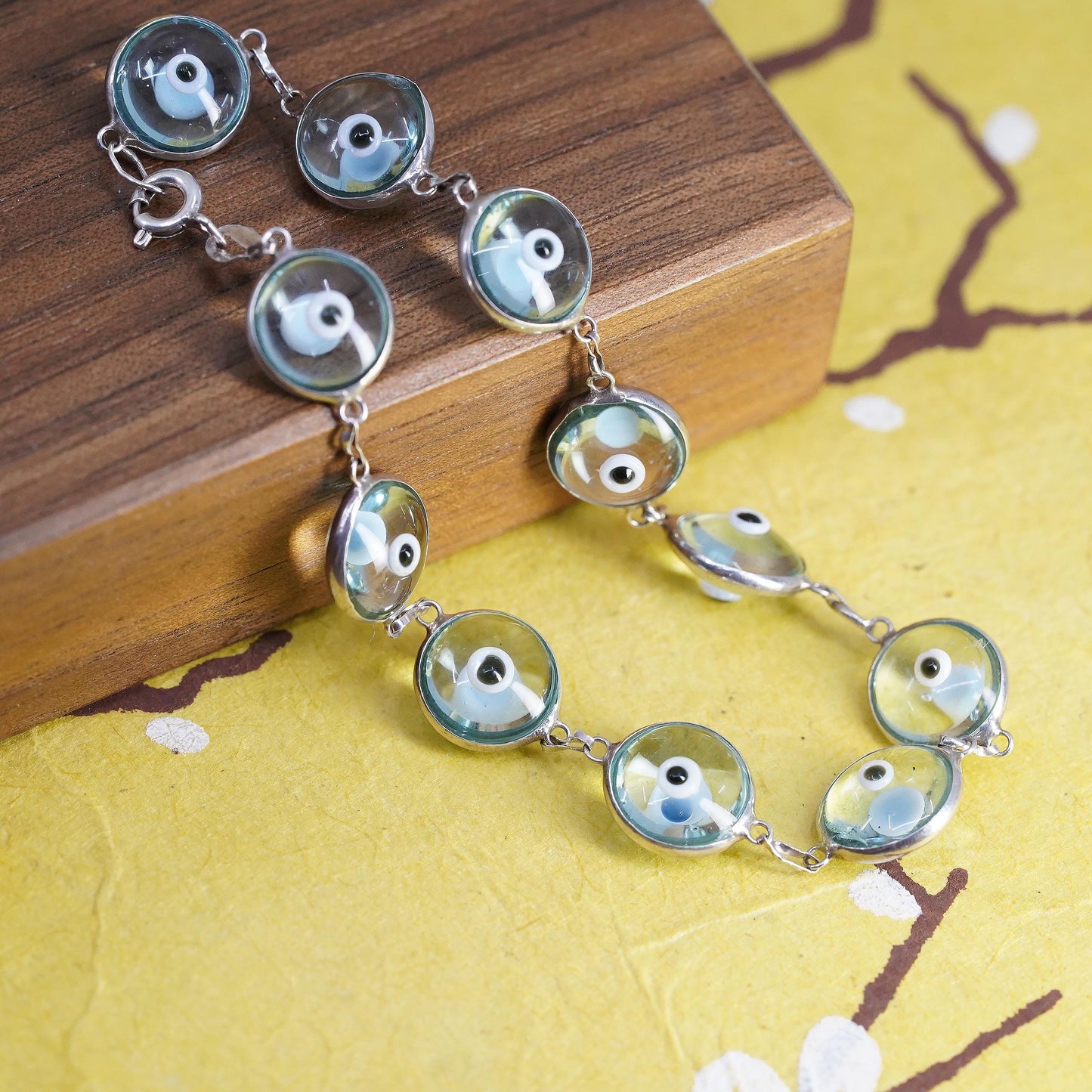 7.25", VTG sterling 925 silver handmade bracelet light blue evil eye bracelet