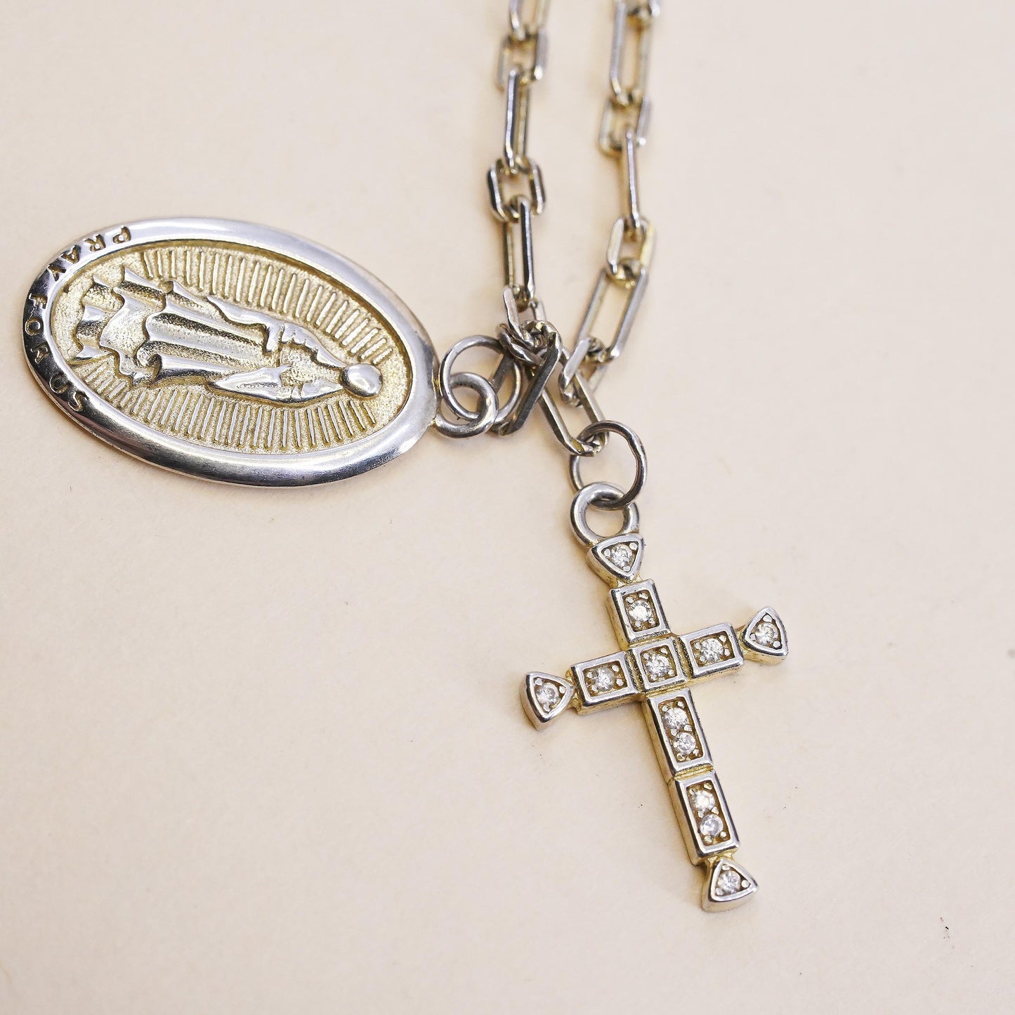 Sterling Silver 925 Two Tone Virgin Mary Diamond Cross Pendant Necklace, Chain
