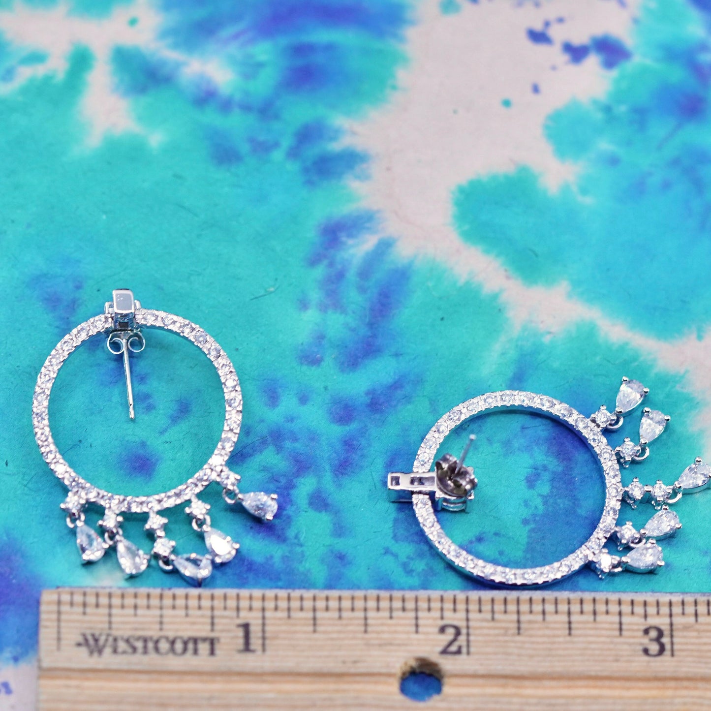 1”, Vintage Sterling silver earrings, 925 circle with cluster cz drops