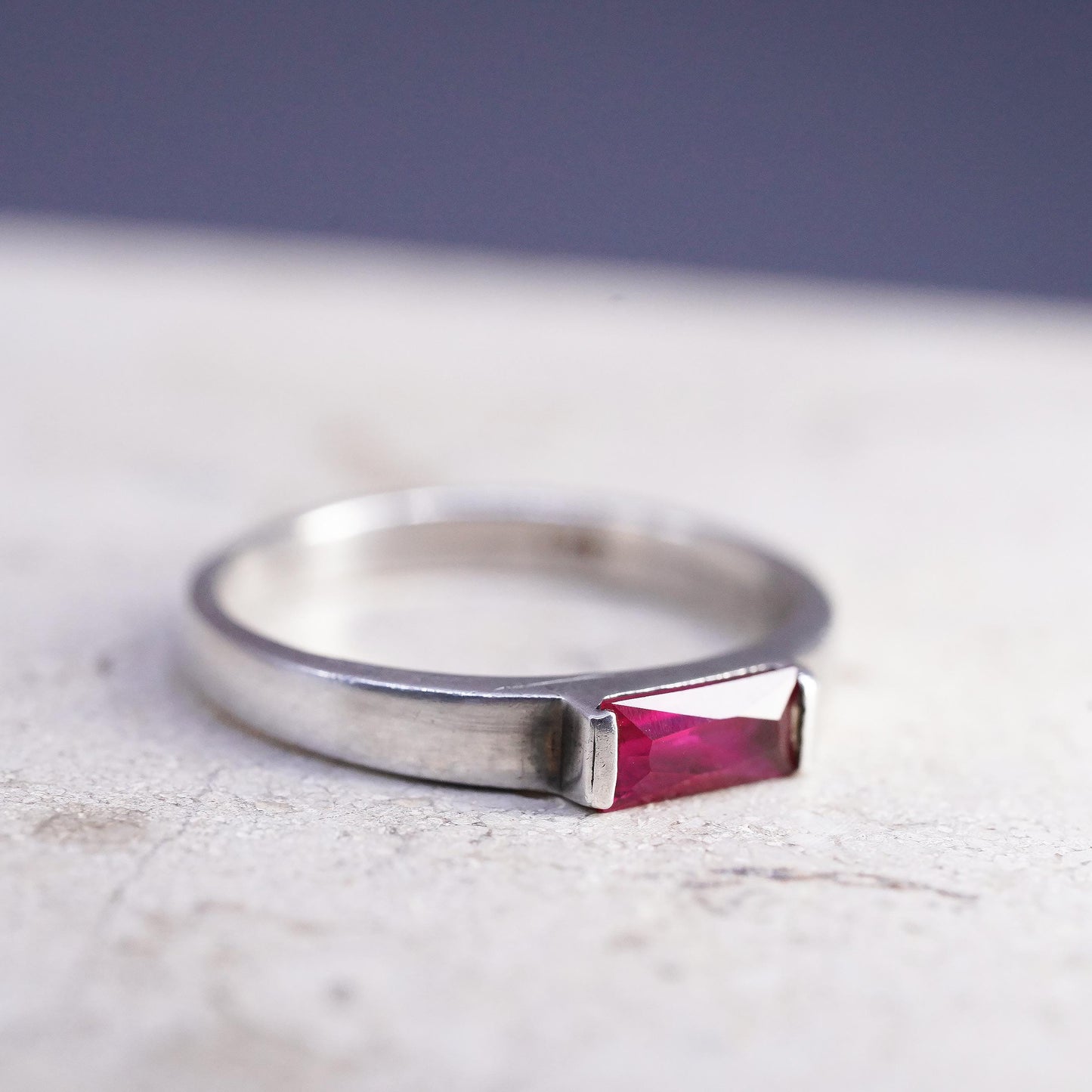 Size 7.25, vintage Sterling 925 silver handmade stackable ring with ruby inlay