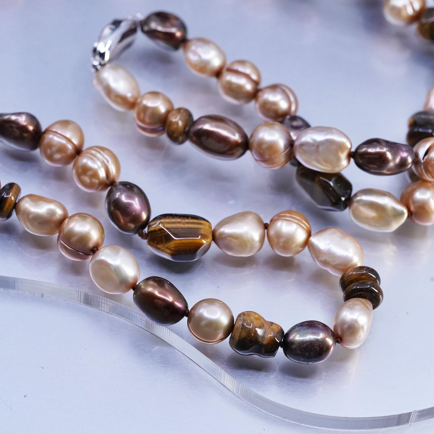 36”, Sterling 925 silver extra long necklace golden tiger eye, pearl nugget