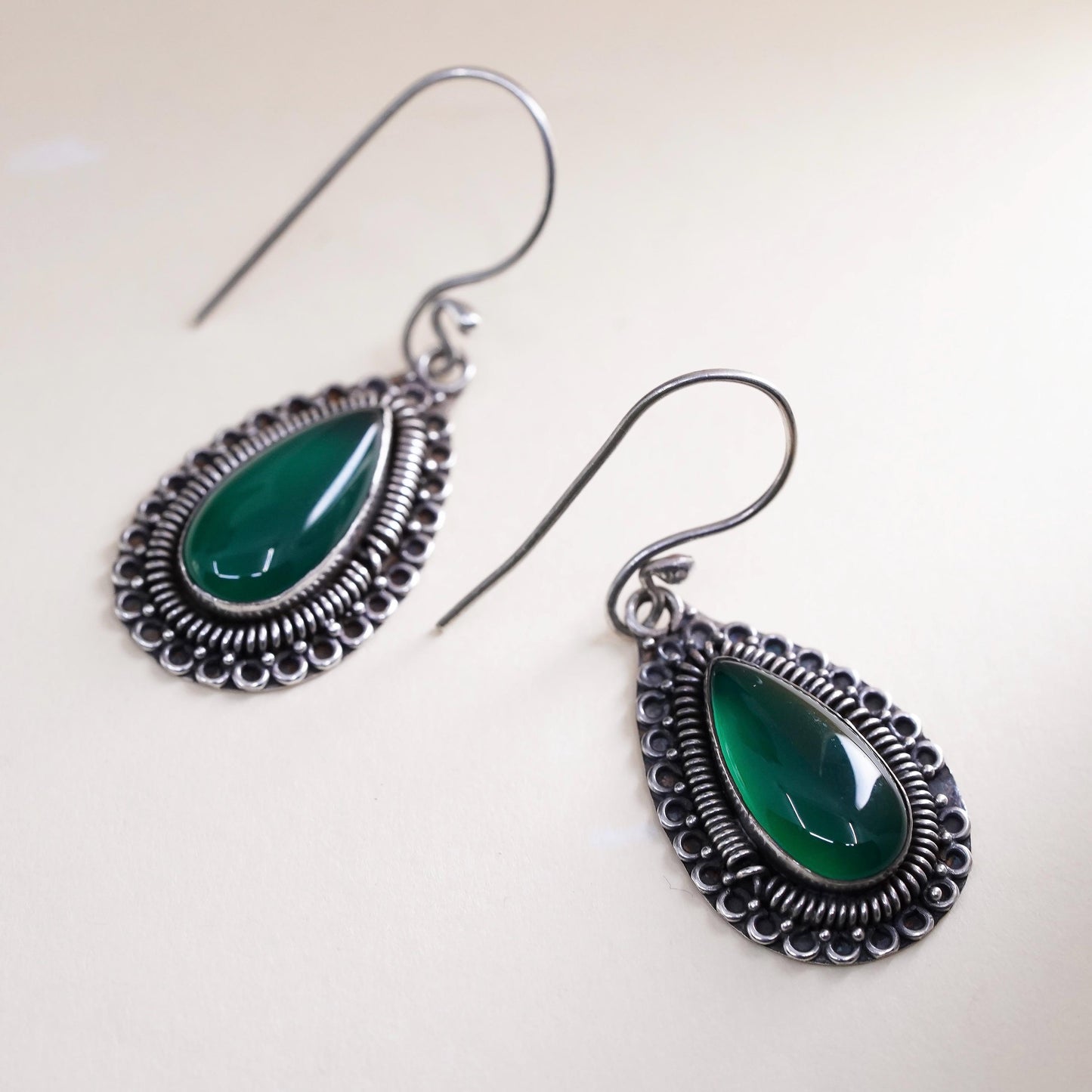 Vintage sterling 925 silver handmade earrings with teardrop jade