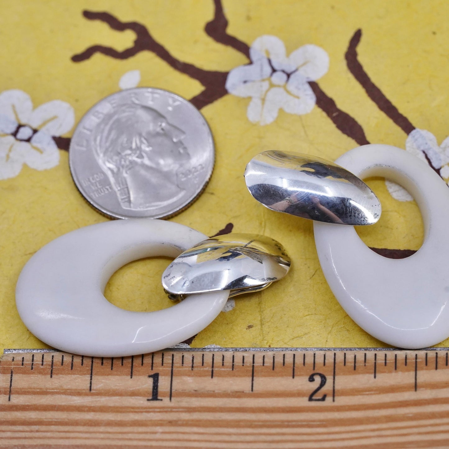 Vintage MWS Sterling 925 silver handmade earrings with oval white jade
