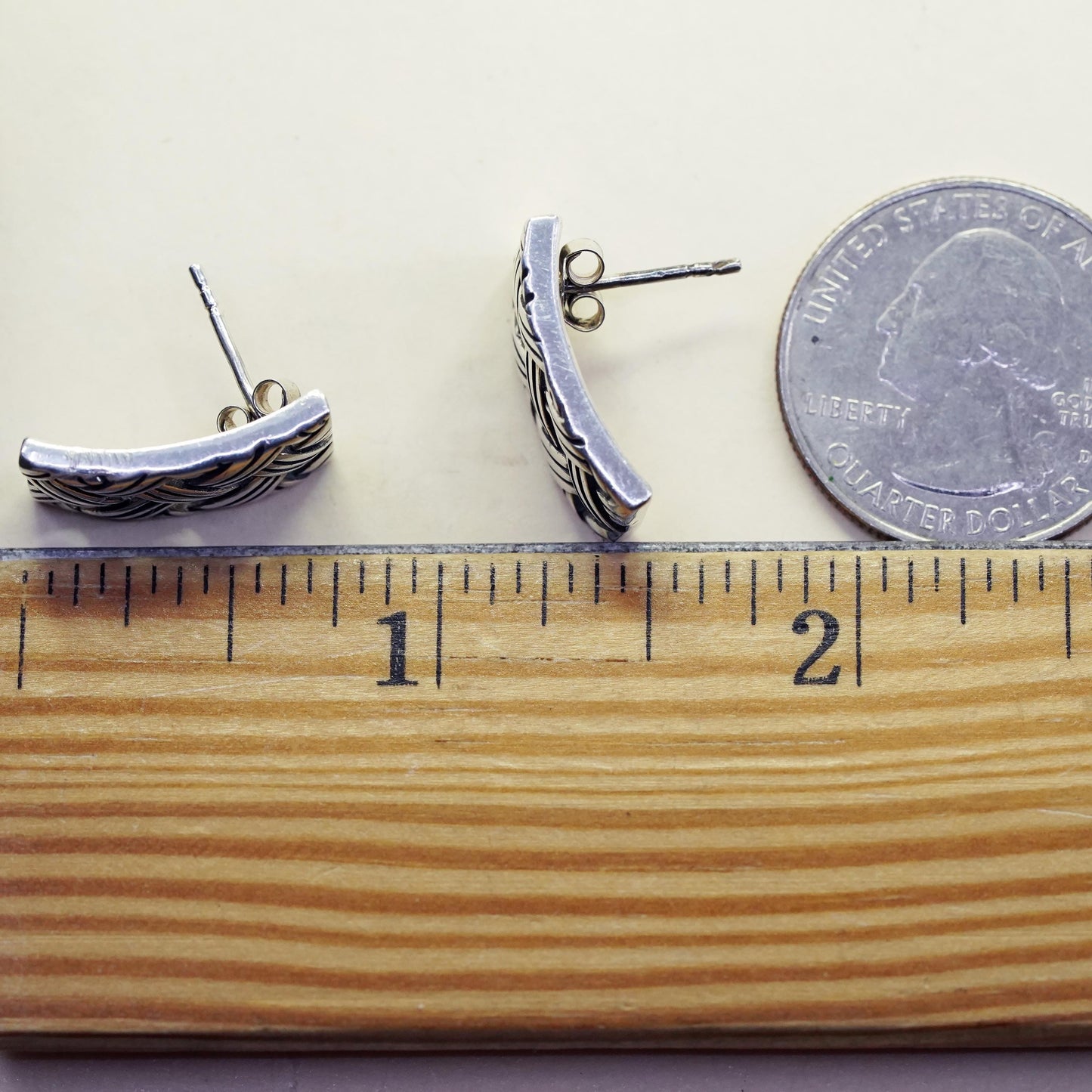 Vintage Sterling silver handmade rugtangular earrings, 925 woven braided studs