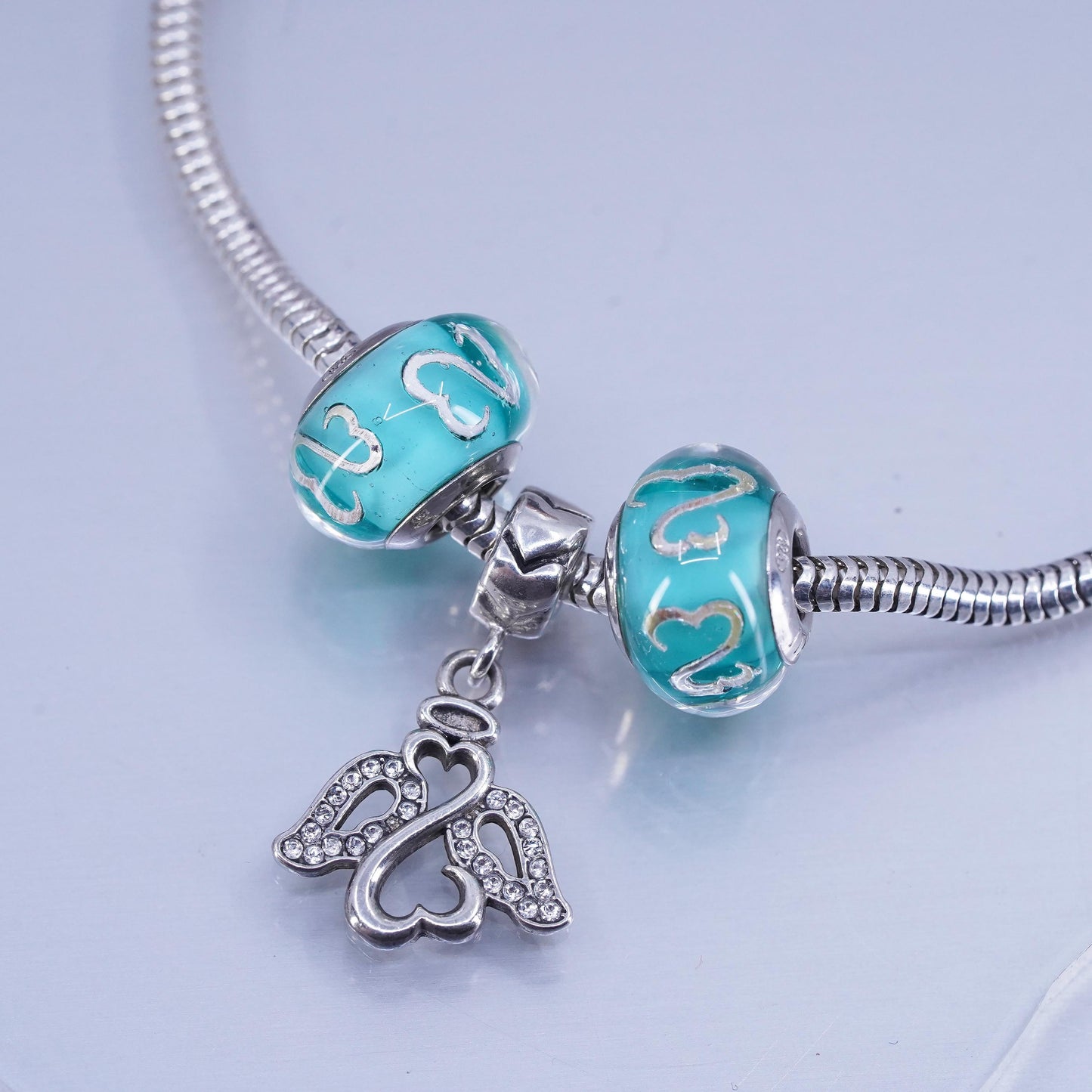 8.5”, Sterling 925 silver bracelet, bold snake chain glass beads angel charm
