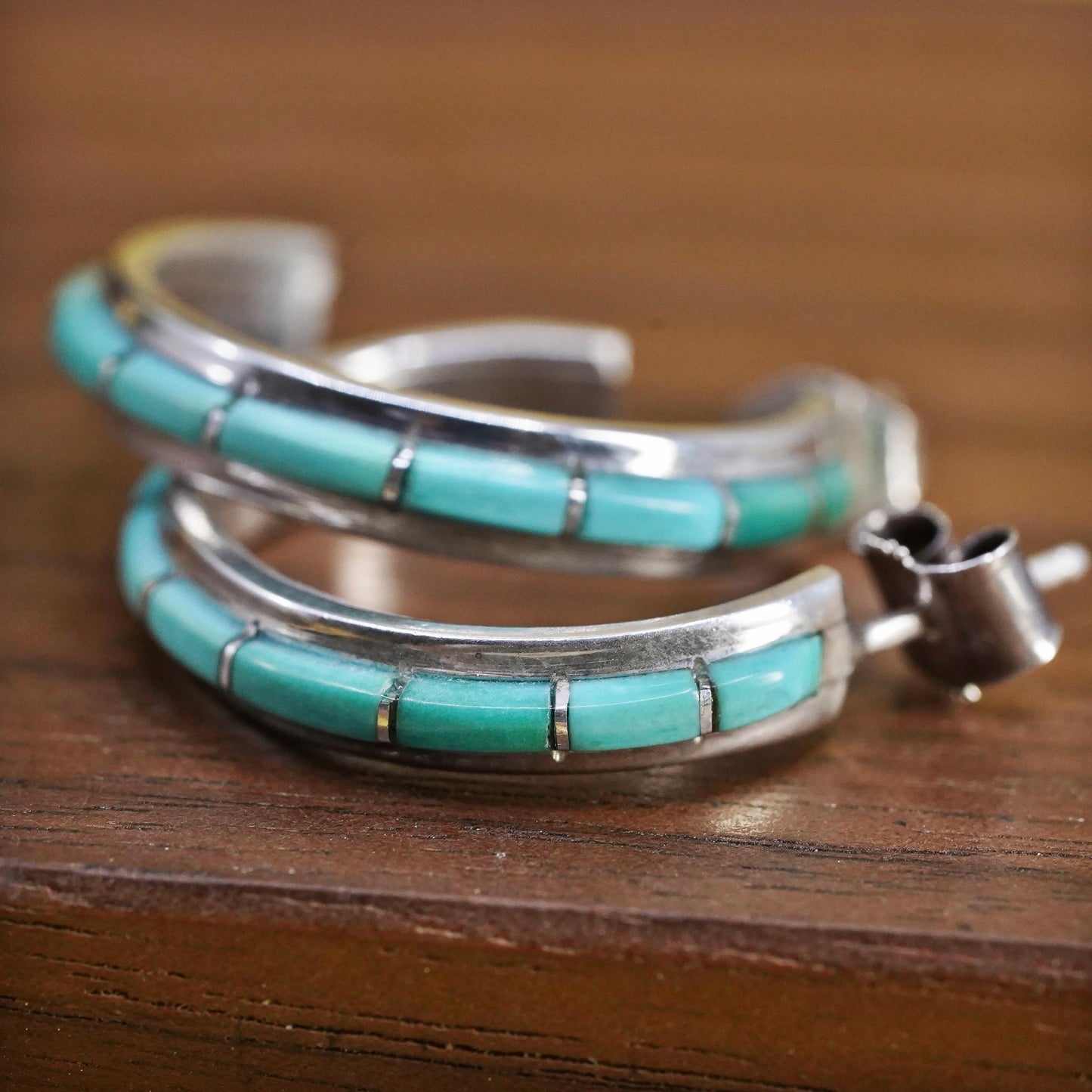 1” Native American Nastacio sterling silver earrings 925 huggie studs turquoise