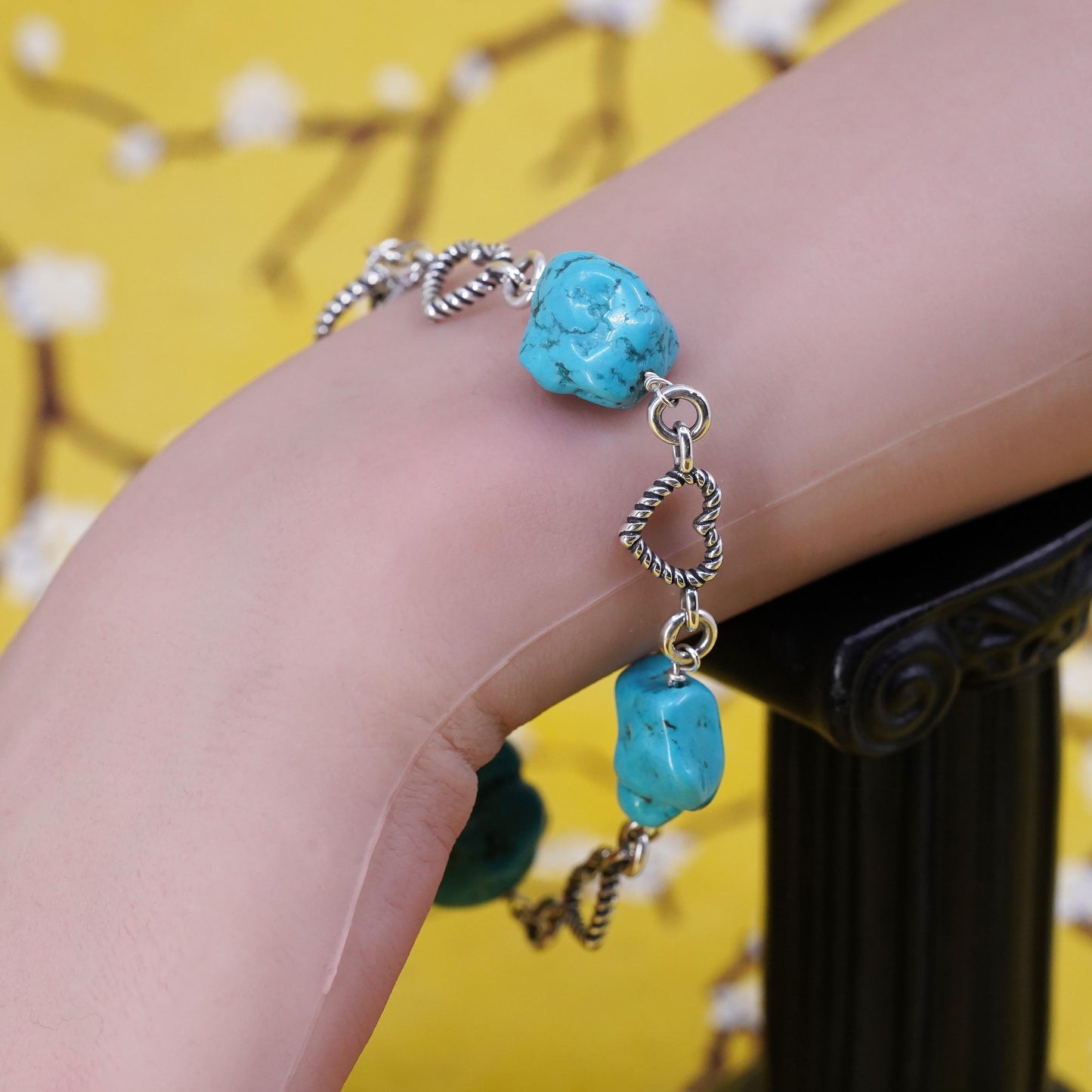 7.5", southwestern Lenox Sterling silver bracelet, turquoise bracelet 925 heart