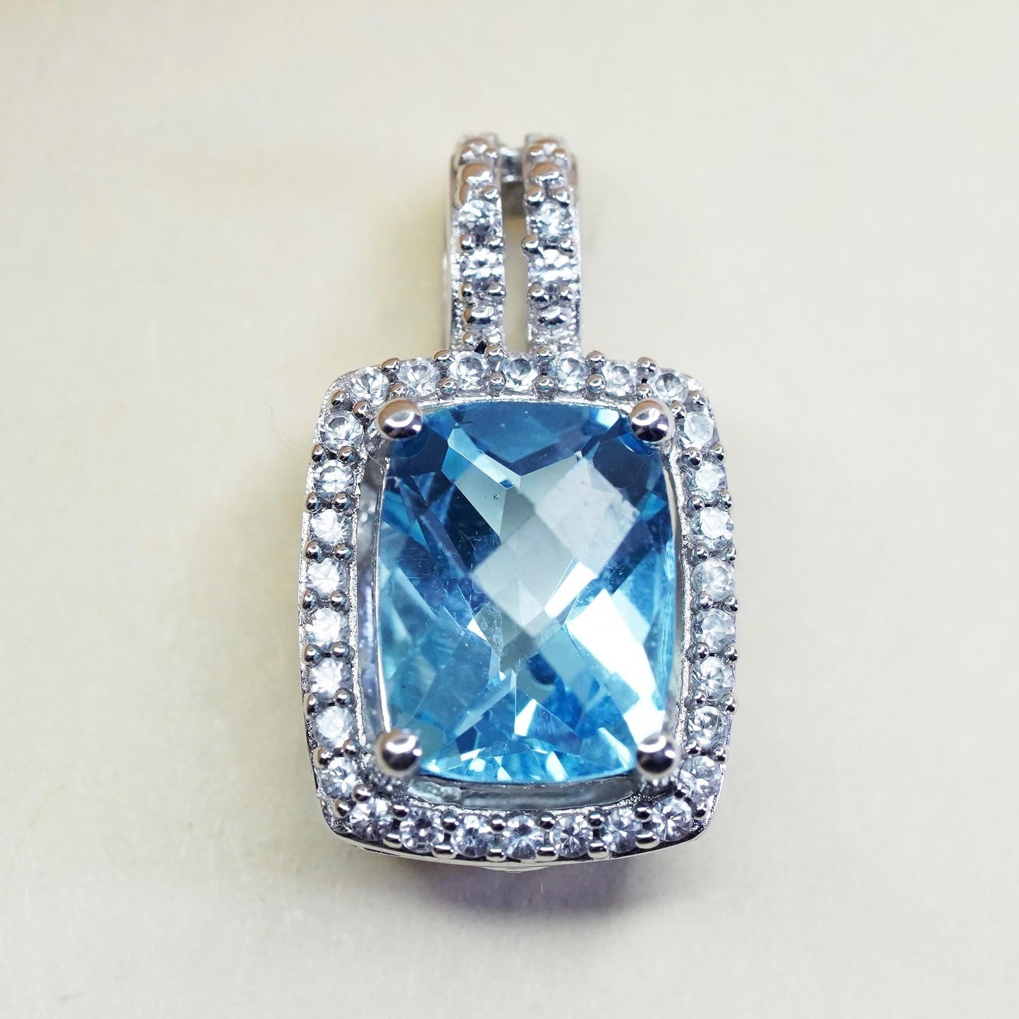 Vintage Sterling 925 silver pendant checkerboard cut blue topaz diamonds