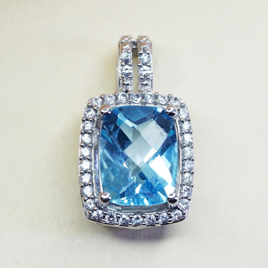 Vintage Sterling 925 silver pendant checkerboard cut blue topaz diamonds