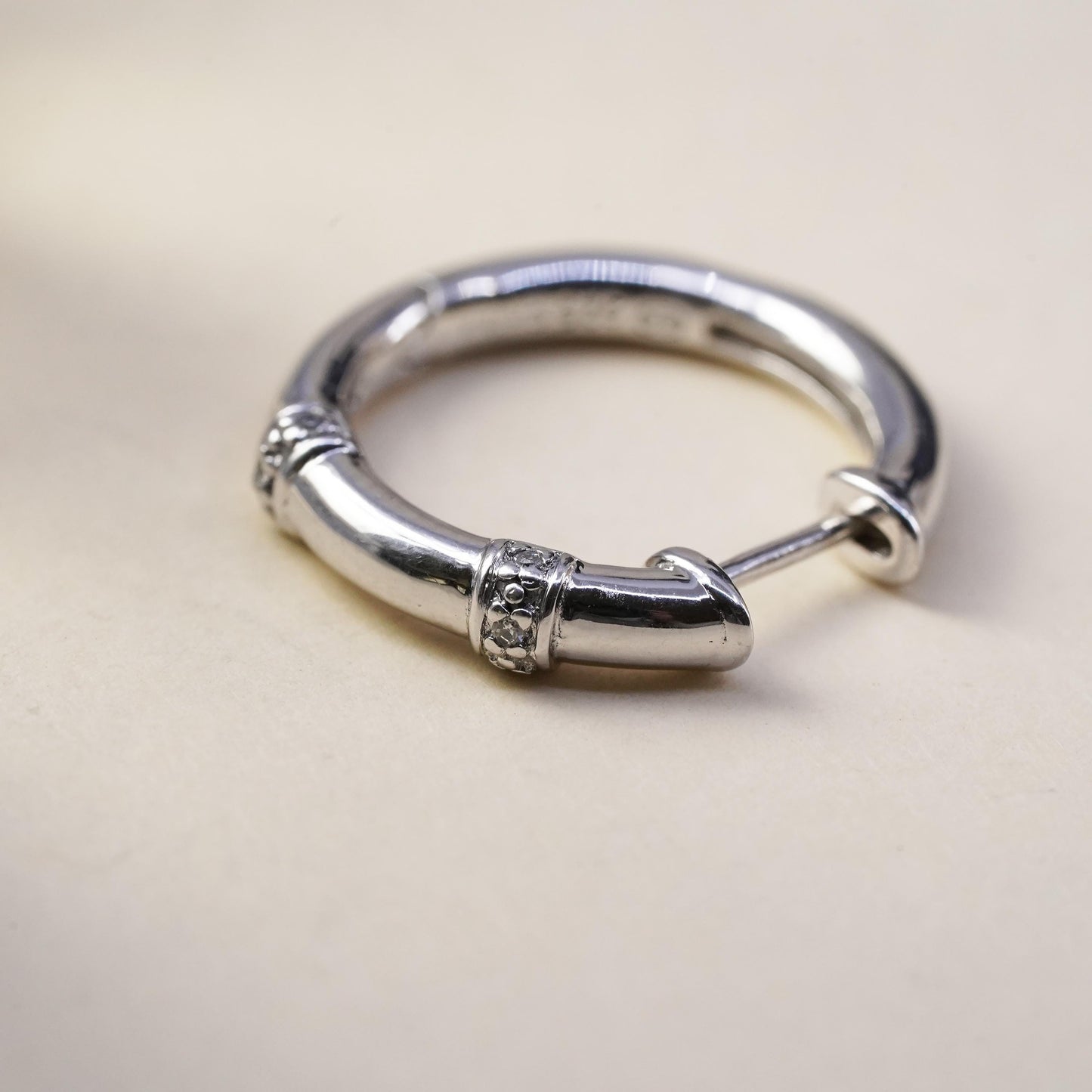 0.75", Vintage sterling silver loop single earring, bamboo hoop with diamonds