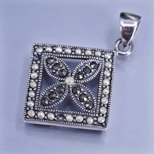 Vintage Sterling silver handmade charm, 925 square pendant with marcasite pearl