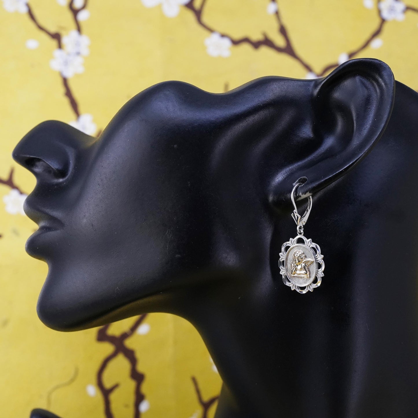 Michael Anthony Sterling 925 silver earrings w/ 14K yellow gold guardian angel