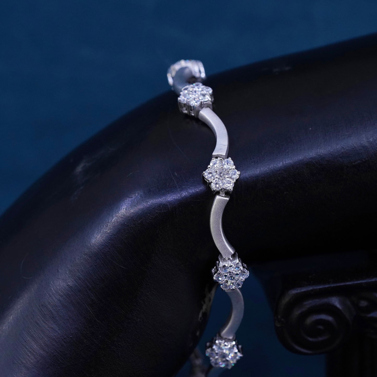 7”, vintage matte sterling 925 silver tennis bracelet with Cz flower details