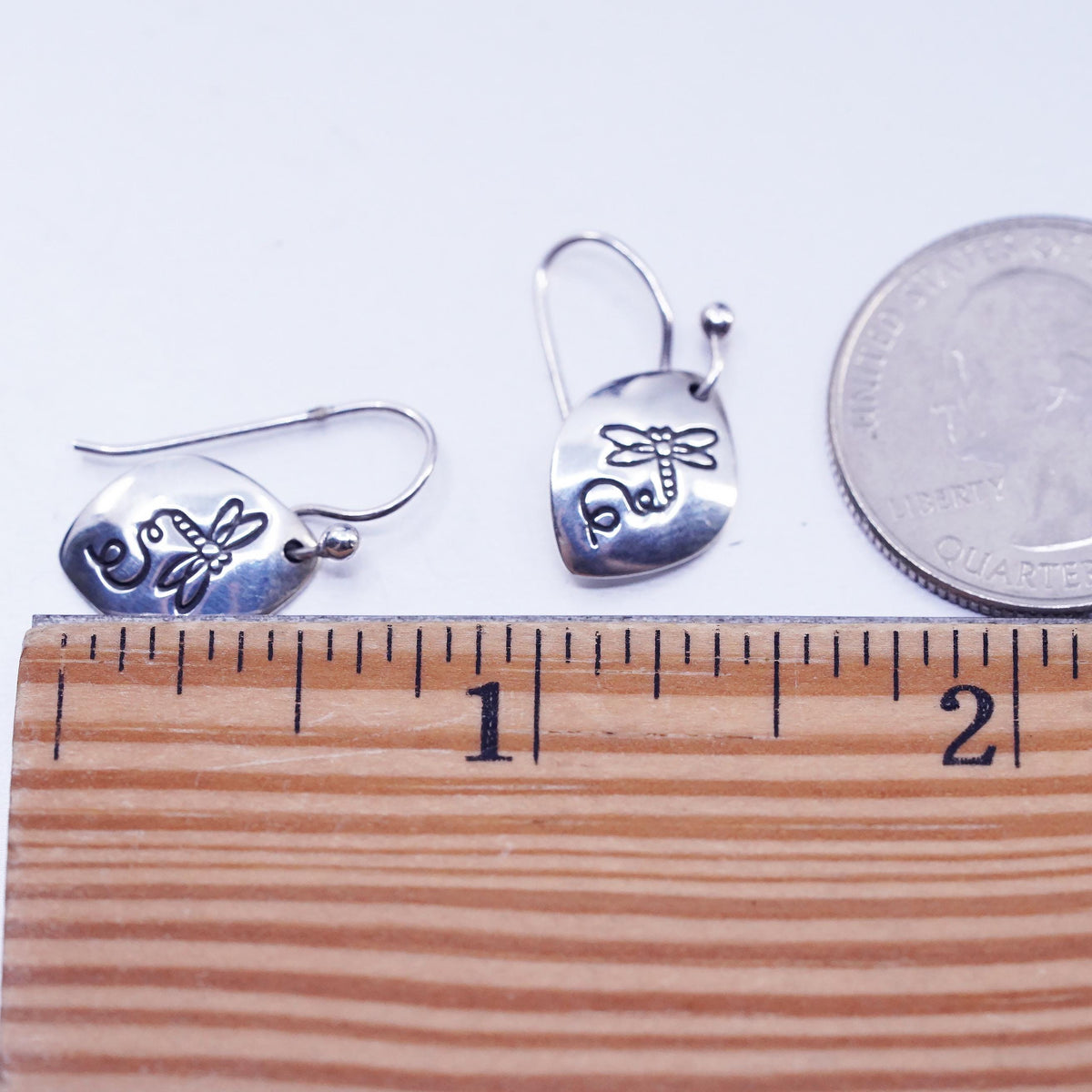 Vintage Sterling 925 silver handmade dragonfly embossed tag earrings