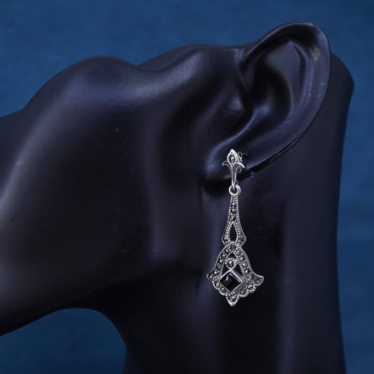 Vintage Sterling 925 Silver handmade earrings with onyx and Marcasite