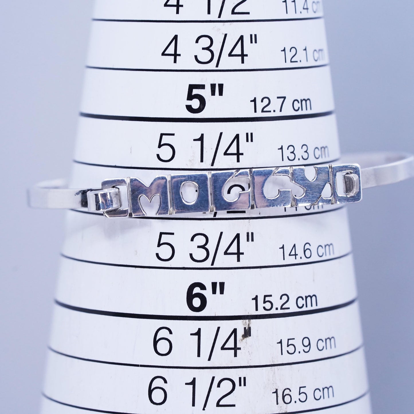 5.5”, Leonore Doskow 1970 Name Moccy Sterling 925 silver bracelet hinged bangle