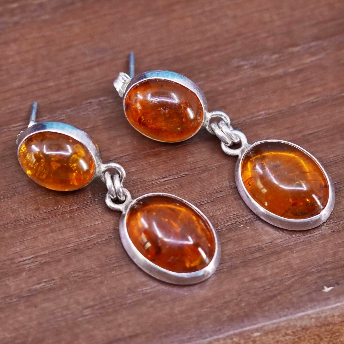 Vintage sterling silver 925 handmade earrings with oval amber
