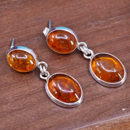 Vintage sterling silver 925 handmade earrings with oval amber
