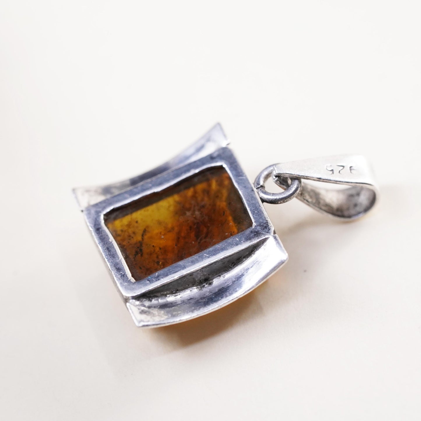 Vintage sterling 925 silver handmade square pendant with amber
