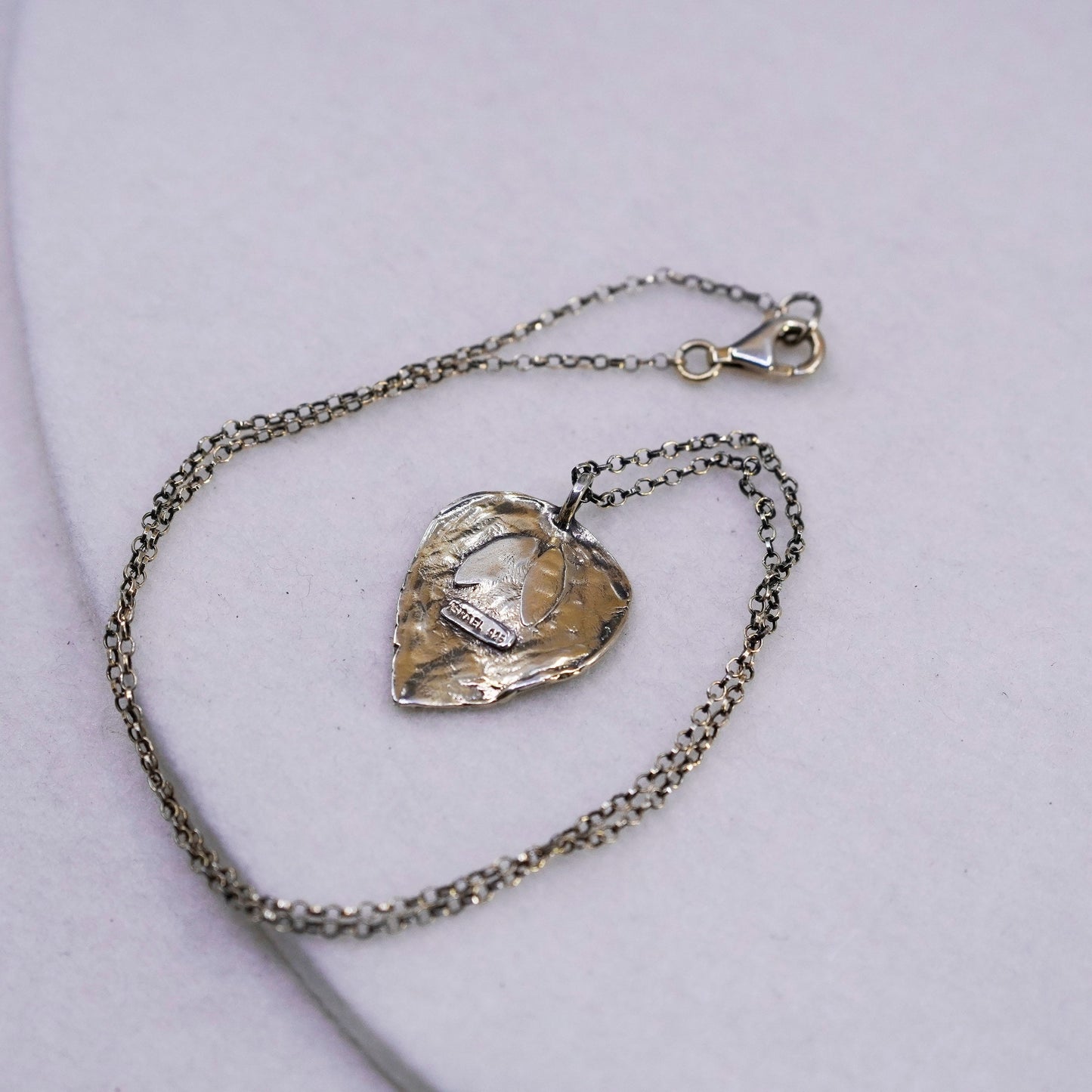 17”, Israel vermeil gold over Sterling 925 silver necklace leaf pendant opal