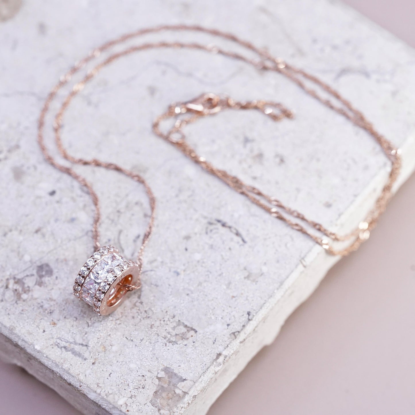 17+2", Rose gold Sterling silver necklace, 925 twisted chain cz wheel pendant