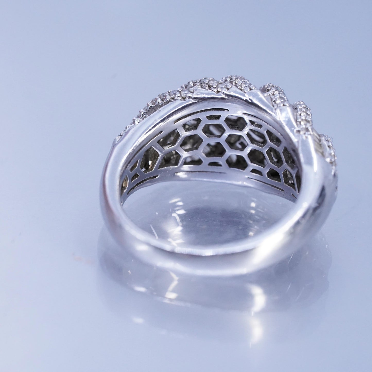 Size 9.25, vintage Sterling 925 silver woven ring with cluster diamonique cz