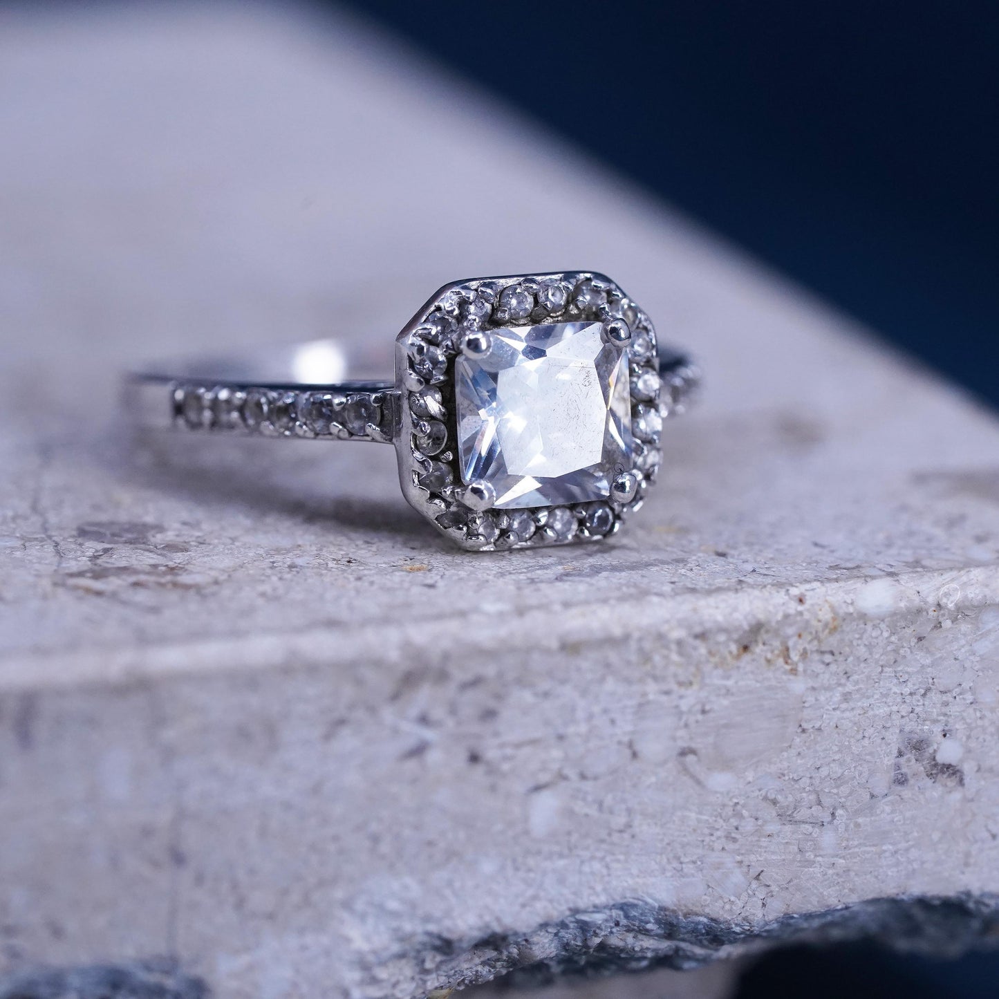 Size 8.25, vintage Sterling 925 silver engagement ring with cluster Cz around