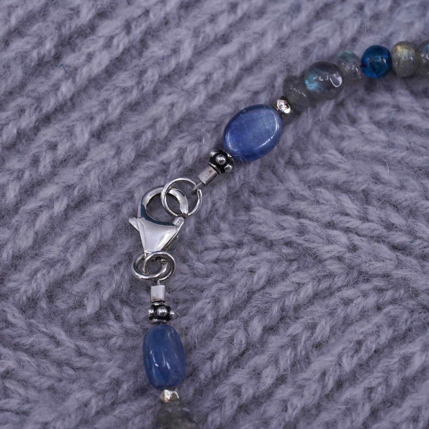 7.75”, sterling silver bracelet with blue Swarovski crystal moonstone beads