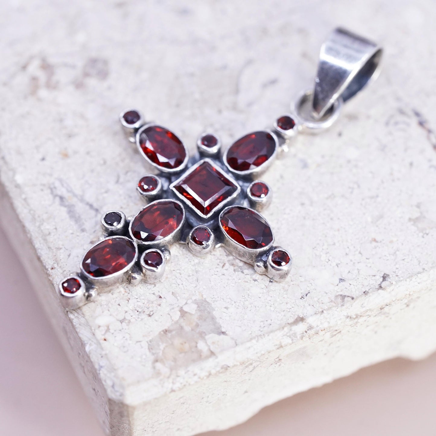 Vintage Sterling silver handmade pendant, 925 cluster ruby cross, stamped 925