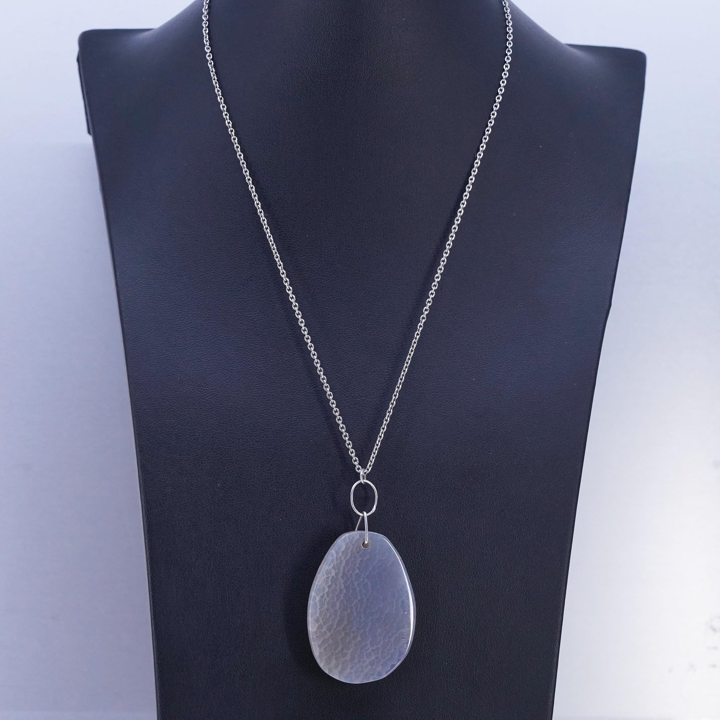 18+2", vintage Sterling 925 silver circle chain necklace teardrop agate pendant