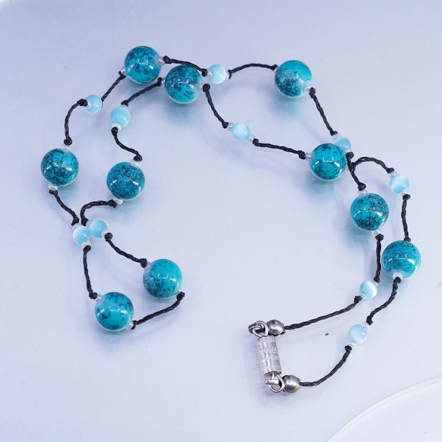 16" Vintage Sterling 925 silver necklace with turquoise blue cats eye and linen thread