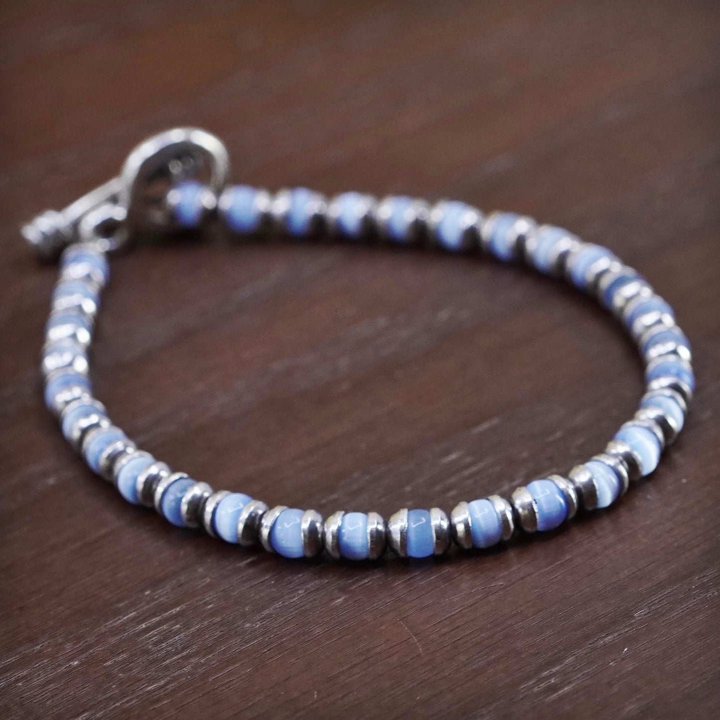 7.25”, vintage Sterling 925 silver beads bracelet with blue cat eye beads